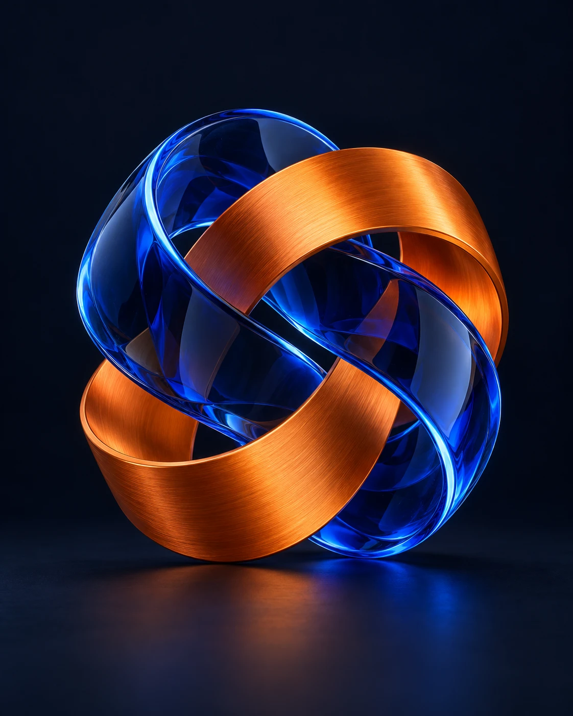 Escultura abstracta de piezas azules y naranjas entrelazadas, símbolo de creatividad y tecnología
