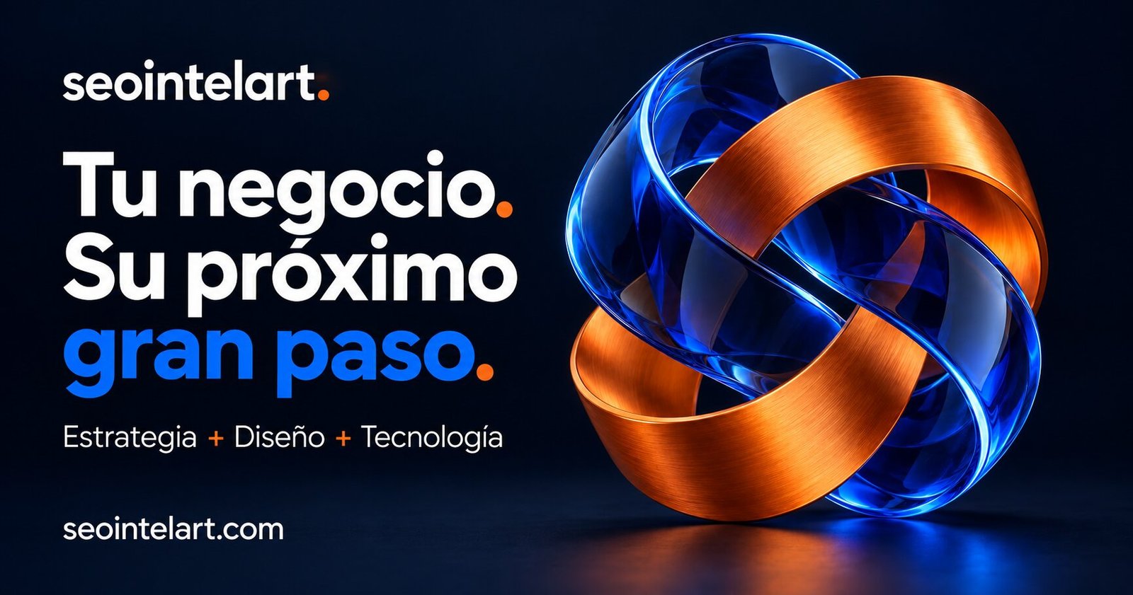 Identidad visual de SEOintelart, con una escultura azul y naranja y el mensaje Tu negocio. Su próximo gran paso.